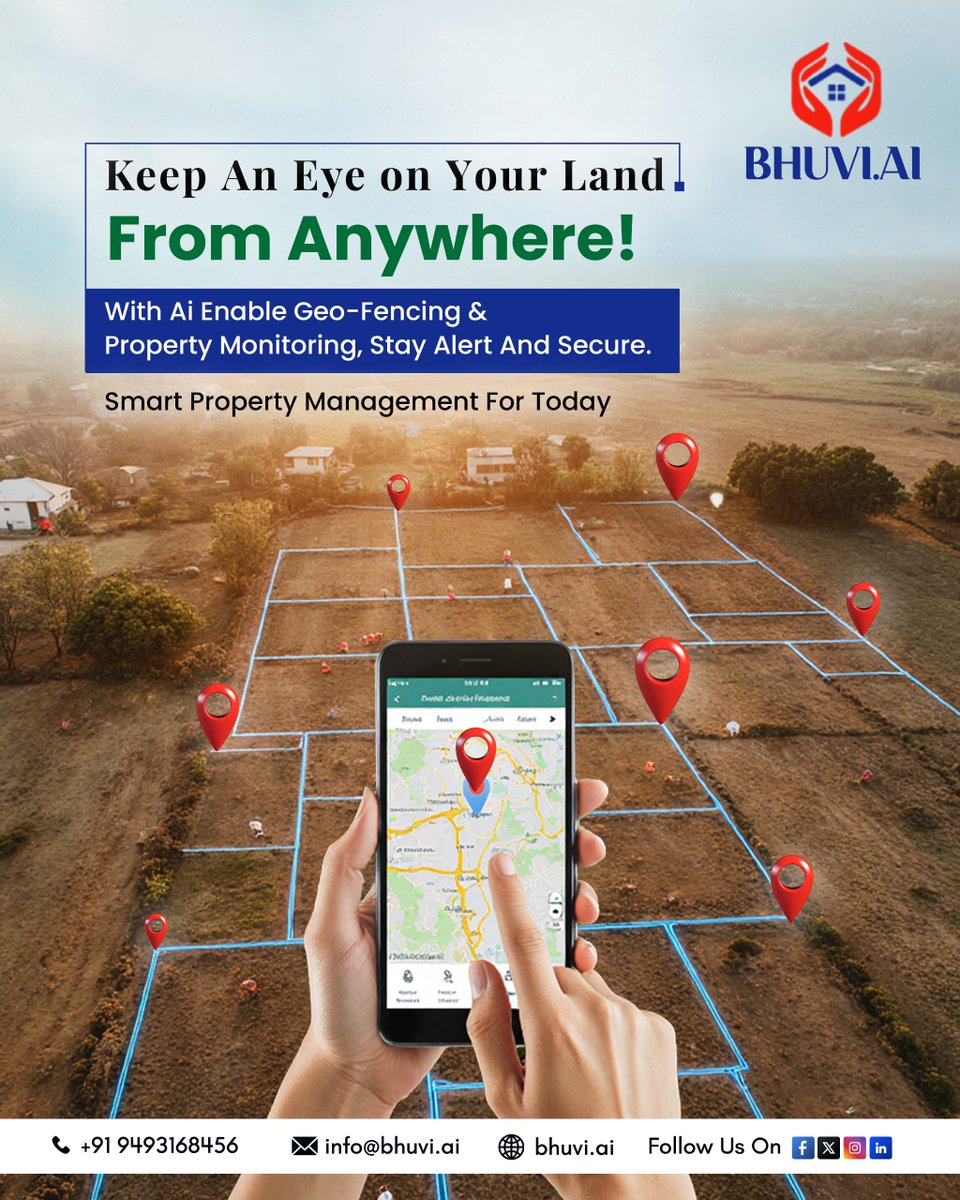 Bhuvi_ai's tweet image. Keep an eye on your land — from anywhere!   

With AI-powered Geo-Fencing &amp;amp; Property Monitoring by bhuvi.ai   

stay connected, alert, and secure. 
 Learn more:  bhuvi.ai #BhuviAI 
#SmartProperty #GeoFencing #AI #RealEstate #PropTech #LandSecurity