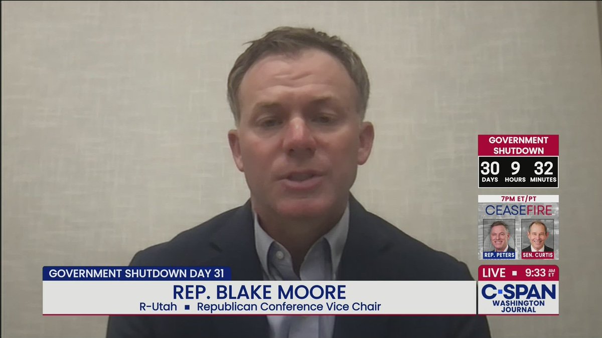 cspanwj's tweet image. .@RepBlakeMoore (R-UT), Republican Conference Vice Chair, joins us to discuss the government shutdown and Republicans' strategy.
Watch here: tinyurl.com/5bfsr9dj