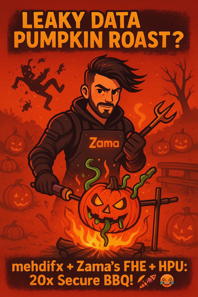 Mhdirostmifx's tweet image. Leaky data pumpkin on the spit? 🔥😱 mehdifx roasts it with FHE + HPU 20x flames! 🍢🚀 Secure BBQ, baby!  #ZamaCreatorProgram @zama_fhe