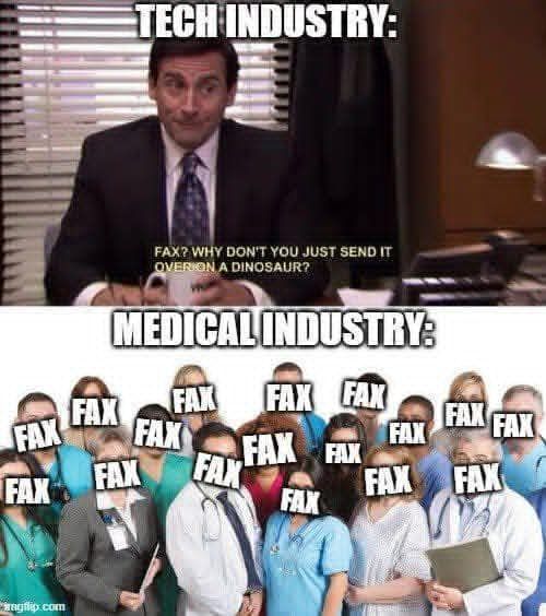 securityweekly's tweet image. Funny meme, but serious question to those in healthcare: Why fax?