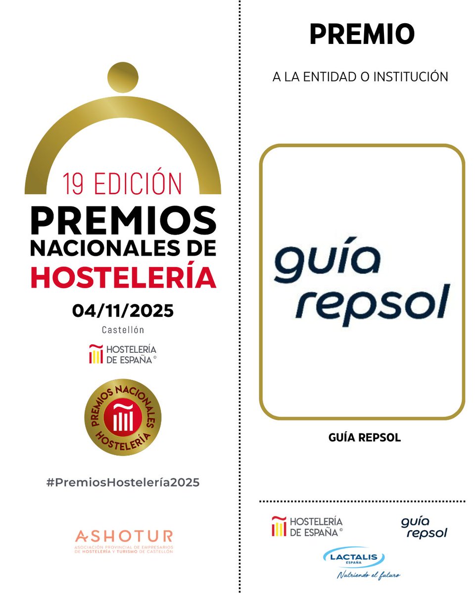 🏆 𝗔 𝗟𝗔 𝗘𝗡𝗧𝗜𝗗𝗔𝗗 𝗢 𝗜𝗡𝗦𝗧𝗜𝗧𝗨𝗖𝗜𝗢́𝗡

🏅 ¡Turno de premiar a <a href="/GuiaRepsol/">guiarepsol</a> !

📖 Desde su fundación en 1979, Guía Repsol es un referente en la promoción de la gastronomía y el turismo en España, destacando por su sistema de calificación que valora la sostenibilidad