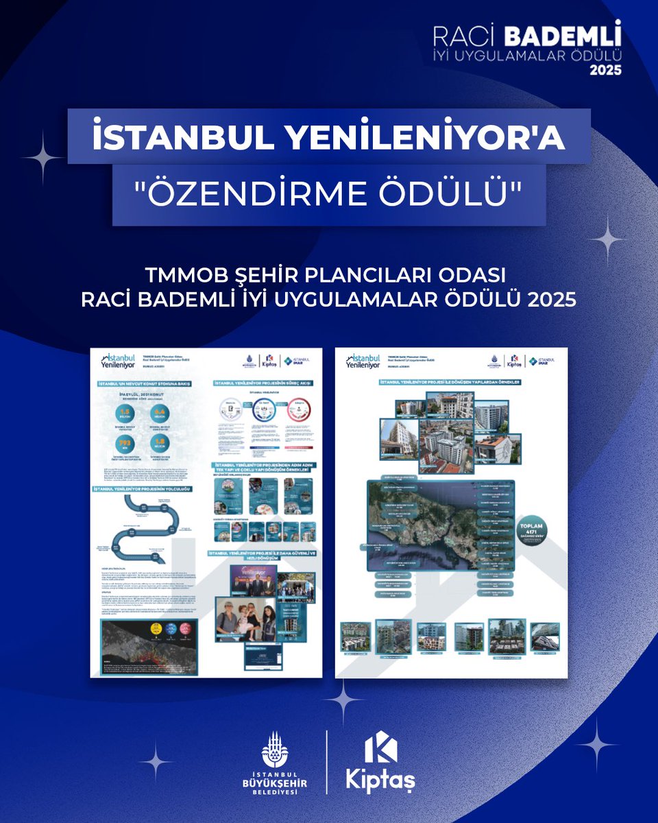 Gururluyuz! 🎉 

TMMOB Şehir Plancıları Odası Raci Bademli İyi Uygulamalar Ödülü Yarışması'nda "İstanbul Yenileniyor" projemiz ile Özendirme Ödülü'ne layık görüldük.

Afet riskine karşı geliştirdiğimiz modelin önemi, bu değerli ödülle bir kez daha vurgulandı. İstanbul'u güvenli
