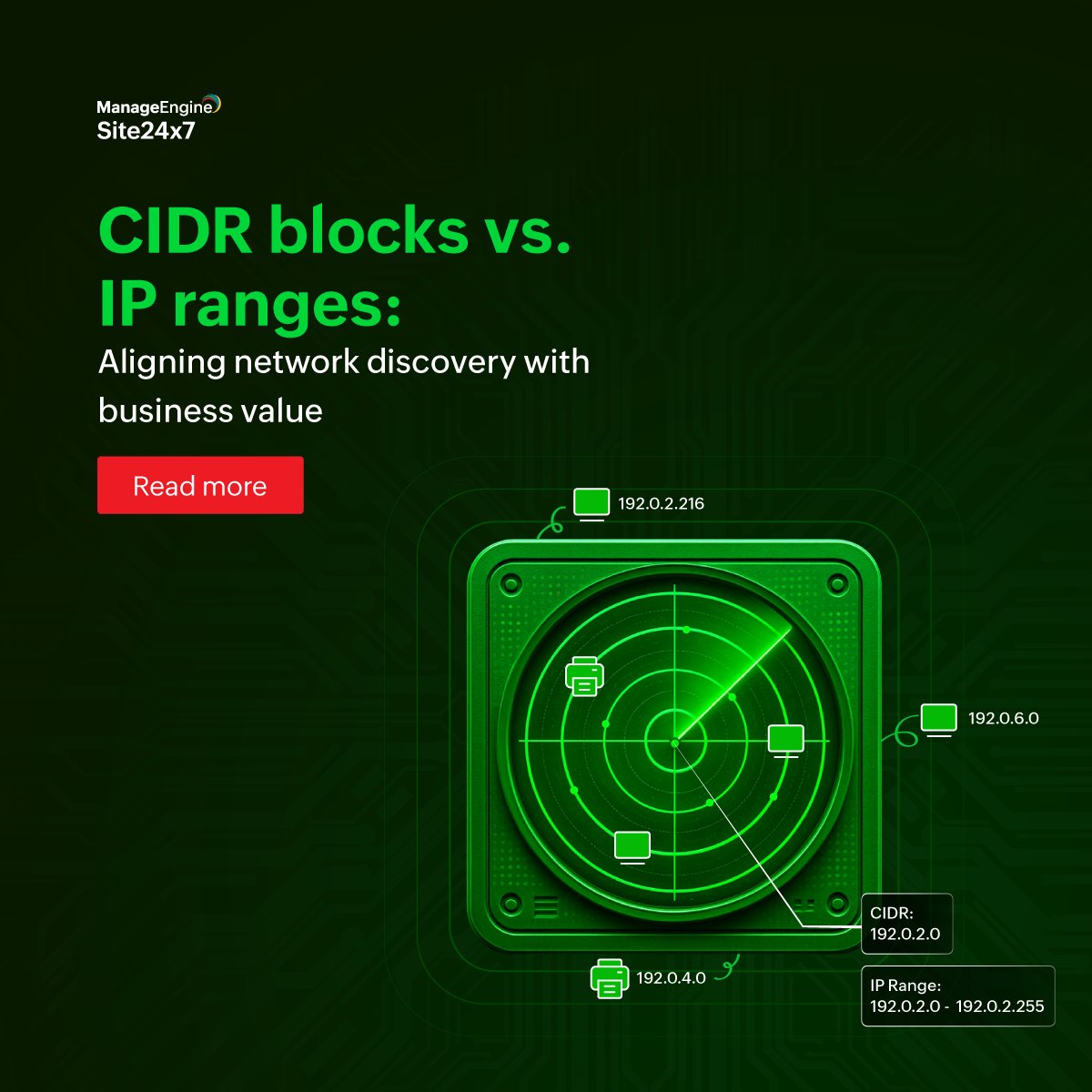 Site24x7's tweet image. CIDR blocks or IP ranges—which network discovery method suits your environment?

Learn how to align discovery with technology business management principles, control costs, and prevent technical debt.

site24x7.com/blog/cidr-bloc…

#NetworkMonitoring #ITManagement #Site24x7