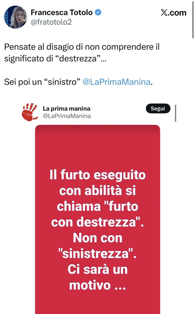 Pensa il disagio di vivere una vita in cui non si comprende l’ironia nemmeno quando fatta da un account chiaramente satirico @laprimamanina . <a href="/fratotolo2/">Francesca Totolo</a> “e fattela una risata”, esci dalla bolla di paura e rabbia in cui contribuisci a recluderci…