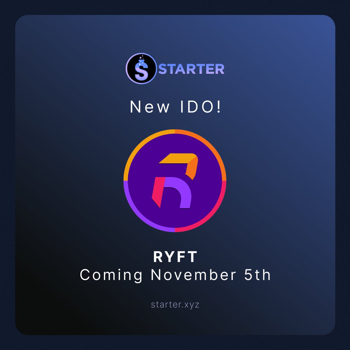 We’re excited to announce that RYFT’s IDO will launch on Starter on Base on November 5.

<a href="/EntertheRYFT/">RYFT</a> is redefining liquidity, utility, and engagement across digital assets with AI-powered collateralization and dynamic NFTs.

More details dropping soon. 

Let’s BUIDL! 🛠