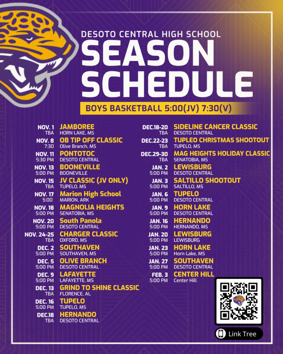 🏀 Jag Hoops is back on Central Parkway! 
Check out our 2025–2026 DeSoto Central Boys Basketball Schedule and make plans to pack the gym this season!