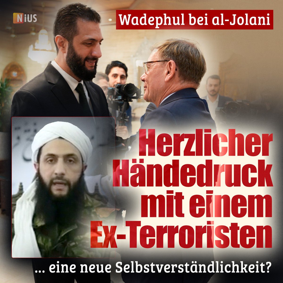 kripp_m's tweet image. Herzlicher Händedruck mit einem Ex-Terroristen – eine neue Selbstverständlichkeit?  

So kann es kommen: Ein früherer Al-Qaida-Terrorist ist heute Präsident Syriens und schüttelt die Hände von Außenminister Wadephul. 
😡
nius.de/politik/news/w…