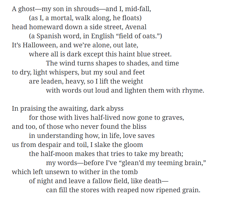 A Halloween meditation from Brian Palmer: "Ode to Words to a Ghost on Halloween."  Opening stanzas here, full poem 👇.