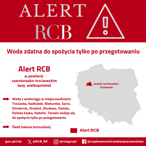 RCB_RP's tweet photo. ‼️Uwaga! Alert RCB‼️
„Woda zdatna do spożycia tylko po przegotowaniu w Trzciance, Kadłubku, Niekursku, Sarczy, Smolarni, Straduniu, Dłużewie, Osińcu, Pańskiej Łasce, Radolinie, Teresinie.”
Alert RCB został wysłany do odbiorców przebywających na terenie powiatu czarnkowsko-trzcianeckiego (woj. wielkopolskie).