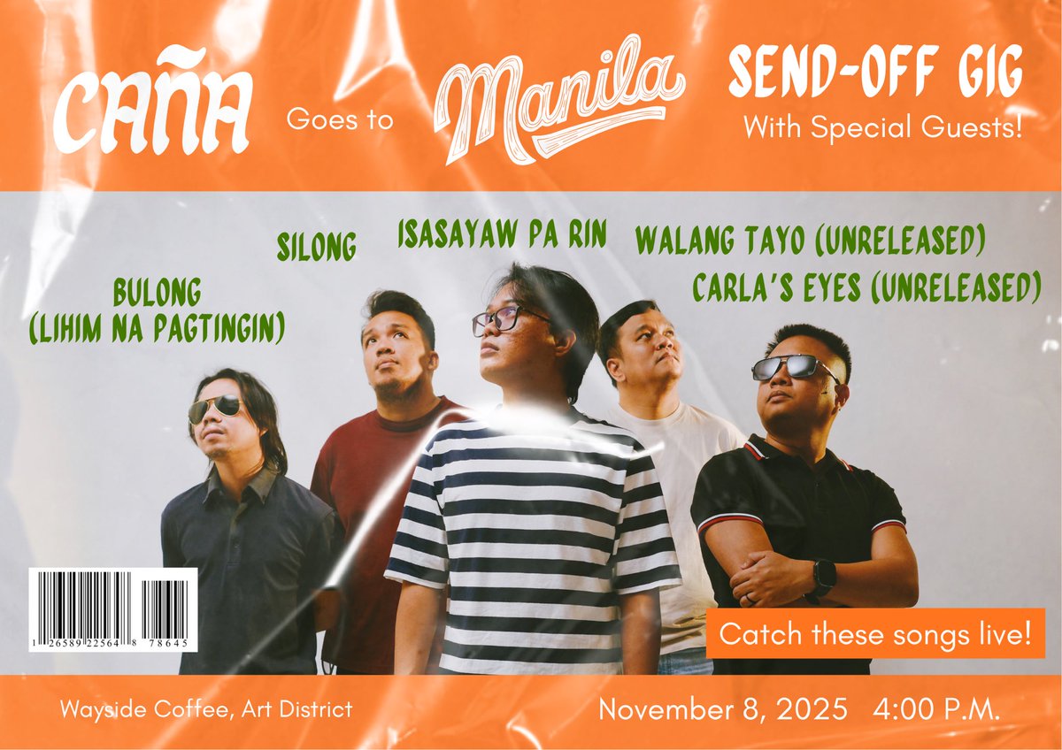 Join us for our send-off gig before we head to the BIG City! Catch your favorite songs and a few unreleased ones live! 🎶 

 📸 Mark Lopez

📍Wayside Coffee, Art District, Bacolod city.
📅 November 8, 2025 | ⏰ 4:00 PM 

#Caña #CañaGoesToManila #Silong #IsasayawPaRin #Bulong