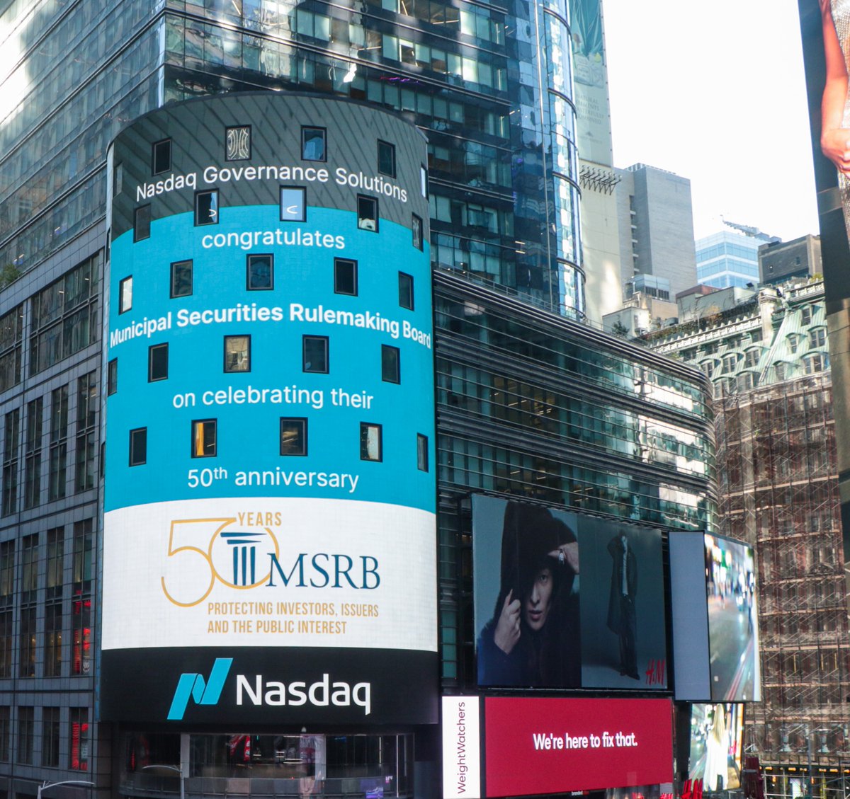 To our friends at Nasdaq, thank you for celebrating MSRB's 50th anniversary in Times Square this week. We are proud of this milestone, and our work in serving the $4 trillion municipal securities market, which builds stronger and more resilient American communities.