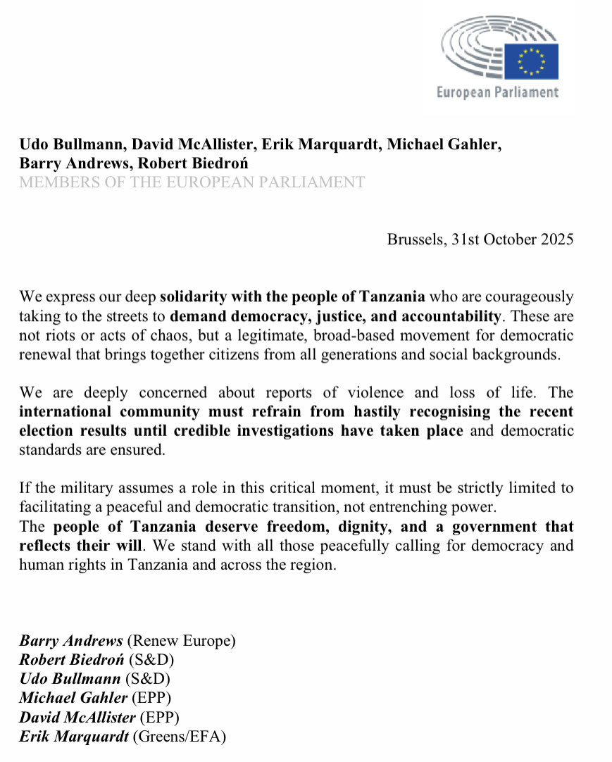 UdoBullmann's tweet image. We express our deep solidarity with the people of Tanzania. Read the full statement. 👇

@BarryAndrewsMEP 
@RobertBiedron 
@gahler_michael 
@ErikMarquardt 
@davidmcallister