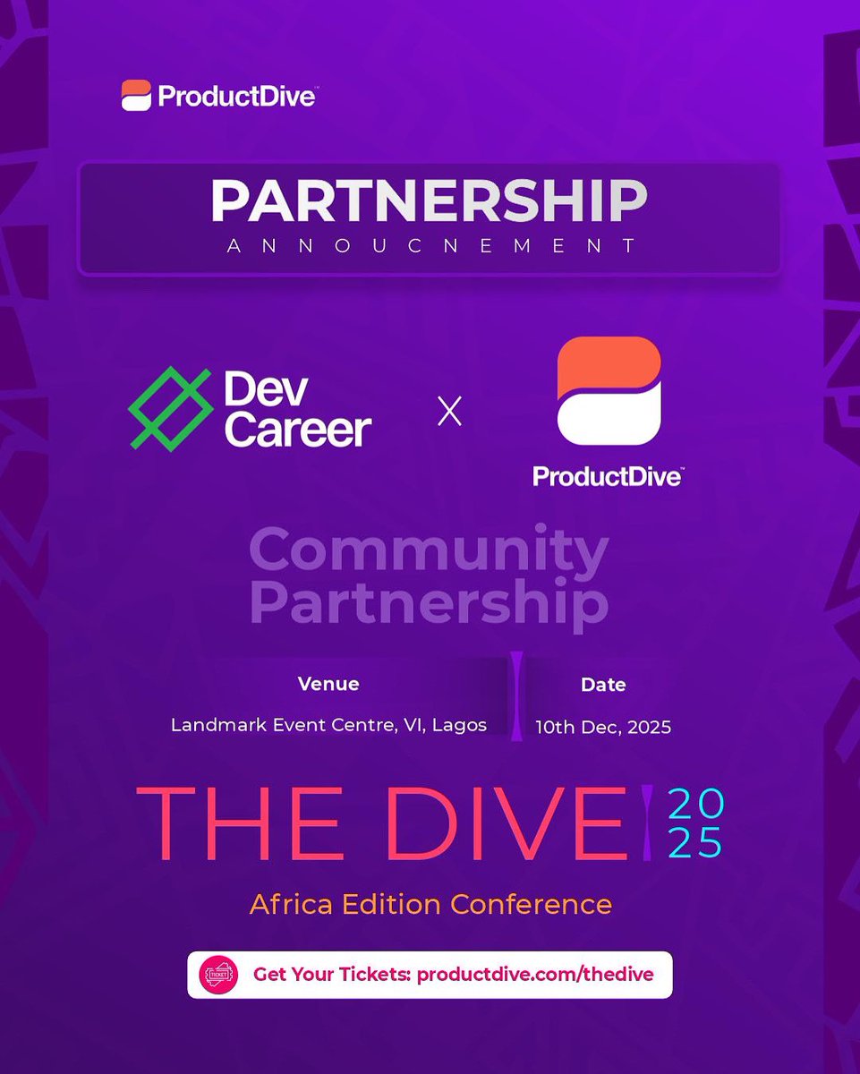 We’re thrilled to welcome <a href="/dev_careers/">DevCareer Africa</a> as one of our community partners for #TheDive 2025 Conference🤝

Together, we’re bringing product minds to connect, learn, and grow.

📍 Landmark Event Centre, VI, Lagos
📅 December 10th, 2025

Get your tickets: productdive.com/the-dive-2025-…