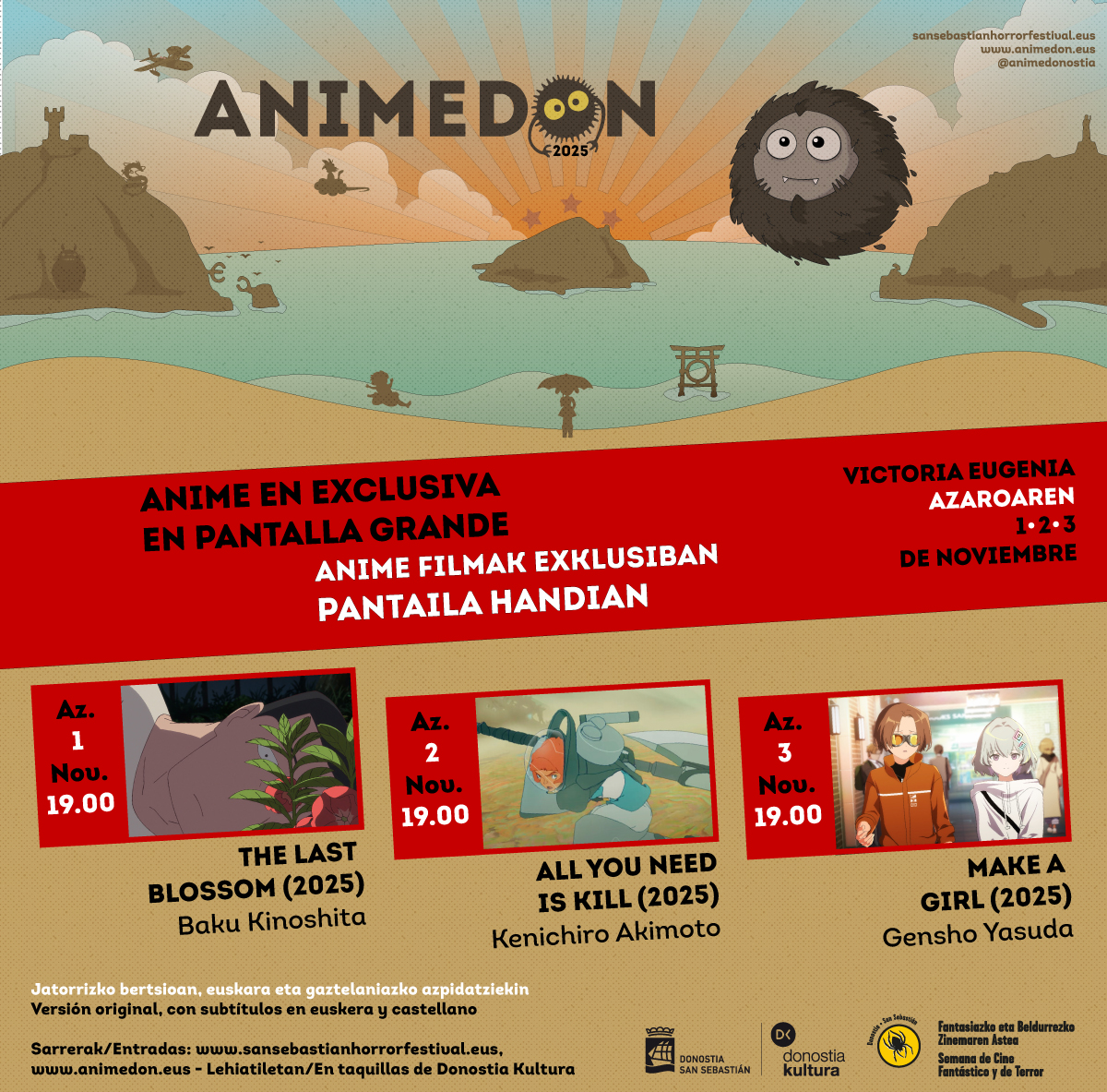 🧵Voy a hacer un repaso de los tres estrenos que tendremos en #Animedon del <a href="/horrorfestival/">SemanadeTerror</a> este sábado, domingo y lunes en el Victoria Eugenia. Es una oportunidad, probablemente, única de ver tres animes de calidad, en versión original, con subtítulos en euskera y castellano 👇
