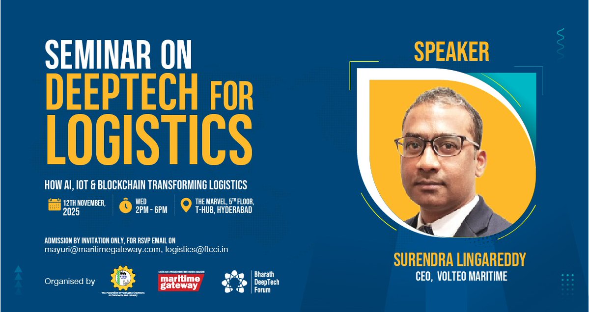 FTCCI's tweet image. Exploring DeepTech Innovations in Logistics with Surendra Lingareddy, CEO, Volteo Maritime!

Join us for the @FTCCI Seminar on DeepTech for Logistics to discover how AI, IoT &amp;amp; Blockchain are transforming the logistics industry.

#FTCCI #DeepTech #LogisticsInnovation