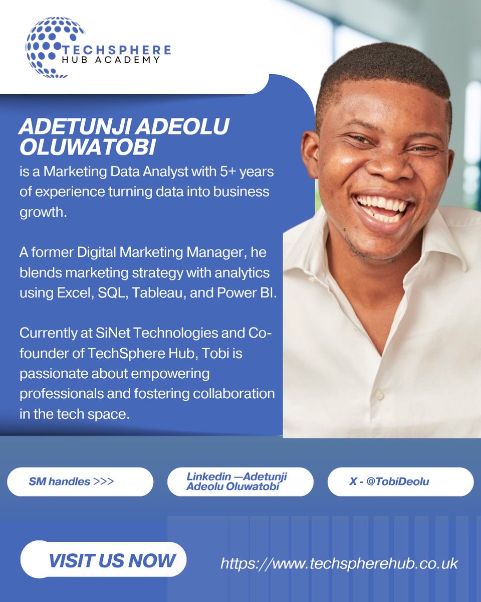 Tech_Sphere_hub's tweet image. Meet Our Tutors!
These are the brilliant minds helping you turn data into insight and skill into career growth.
Learn from the best — industry experts who make data make sense!
#TechSphereHub
#DataAnalytics