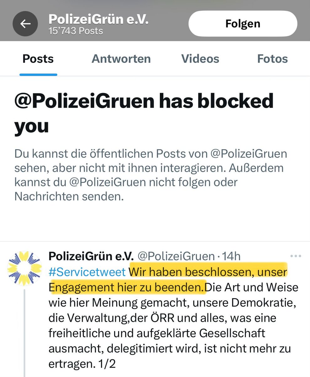 Ja gut, ich werde diese grünen Polizei-Dullis eh nicht vermissen. Meinung und Gegenrede können sie nicht ertragen, deshalb haben mich diese "Demokratiefreunde" schon vor langer Zeit geblockt.

Ich finde es jedenfalls immer schön, wenn uns hier die linken und grünen Lauch-Fühlis