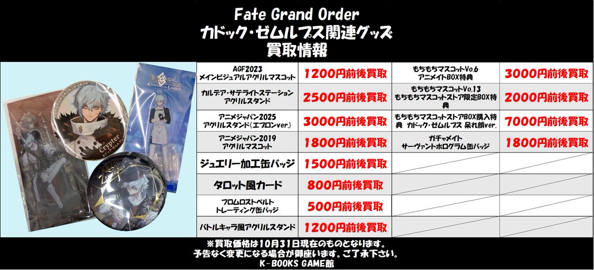 買取情報】 FGO カドック・ゼムルプス 関連グッズ 買取情報になります