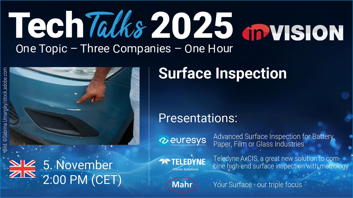Register for next week inVISION TechTalks webinar about Surface Inspection on Nov. 5 at 2PM CET.
Our Vision Software expert, Christophe will share his expertise on "Advanced Surface Inspection for Battery, Paper, Film or Glass Industries"

🤓Register: openwebinarworld.com/webinar/surfac…