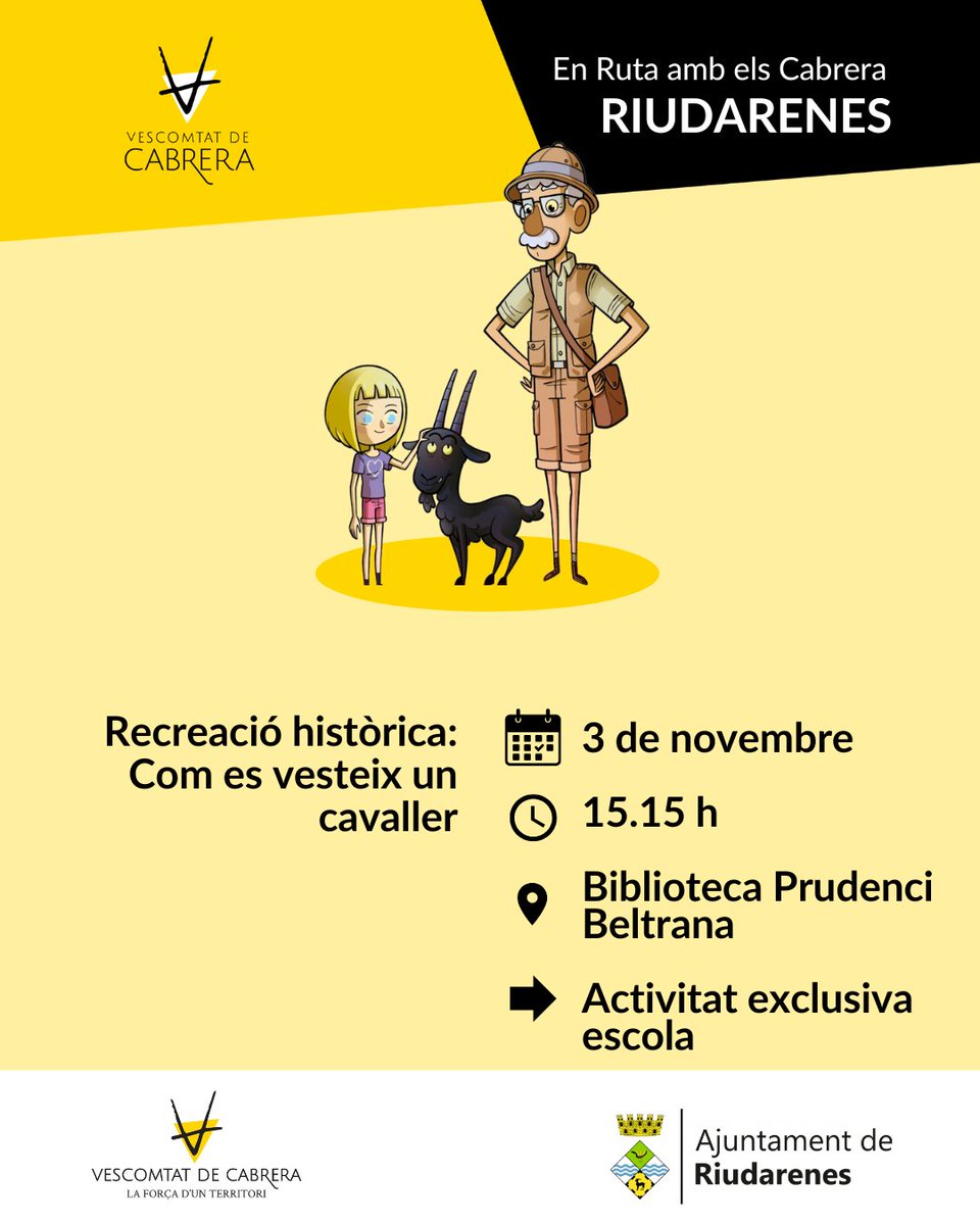 🛡️ 3/11 a les 15.15 h, a Riudarenes: activitat per l’escola CEIP Josep Boada

“Recreació històrica: Com es vesteix un cavaller”, a la Biblioteca Prudenci Bertrana.

#VescomtatDeCabrera #Riudarenes #Educació #Història