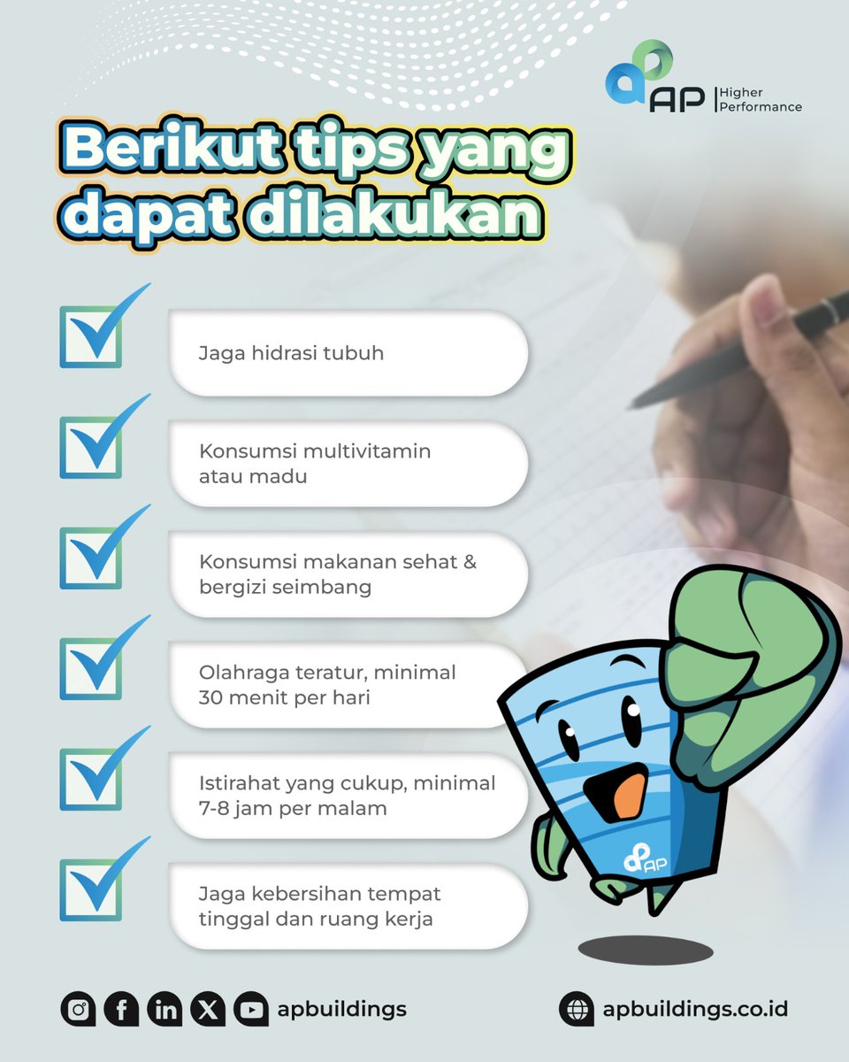 apbuildings's tweet image. Hi #APFriends!

Perubahan cuaca memang tidak bisa di prediksi, tetapi tubuh yang sehat dan kebiasaan yang baik dapat menjadi perlindungan yang kuat, lho.

Yuk simak postingan ini untuk mengetahui tips jaga daya tahan tubuh ditengah perubahan cuaca yang sedang terjadi!
