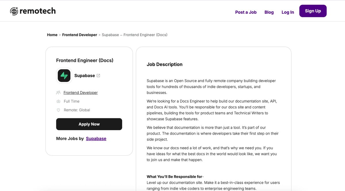 Remotech_ai's tweet image. Supabase is hiring Frontend Engineer
Location: Remote: Global
Role: Frontend Developer
🔗 View Details:
remotech.ai/jobs/frontend-…
Sign up to get early access to top remote tech jobs 👇
lnkd.in/gDTBTfqV
RemoteWork #RemoteJobs #TechJobs #frontenddeveloper