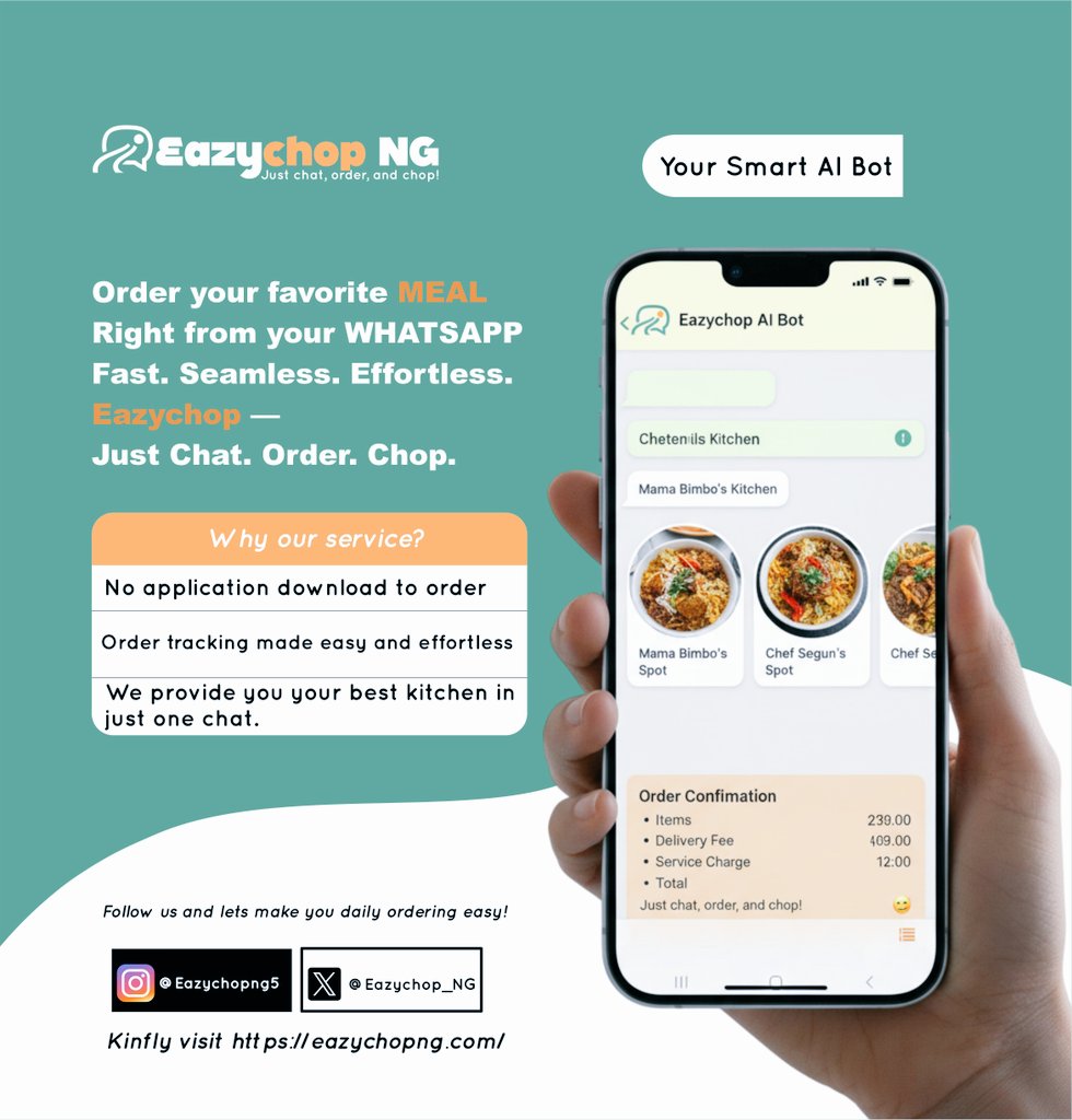 Direct_ManUTD's tweet image. 🚀 *Introducing EazyChop NG*
Say hello to *EazyChop* — a revolutionary *SaaS-powered WhatsApp platform* that lets you order your favorite meals effortlessly, right from your WhatsApp chat! 🍲💬
✅ *No app download.*
✅ *No website visits.*
✅ *No scam links.*
Just chat —