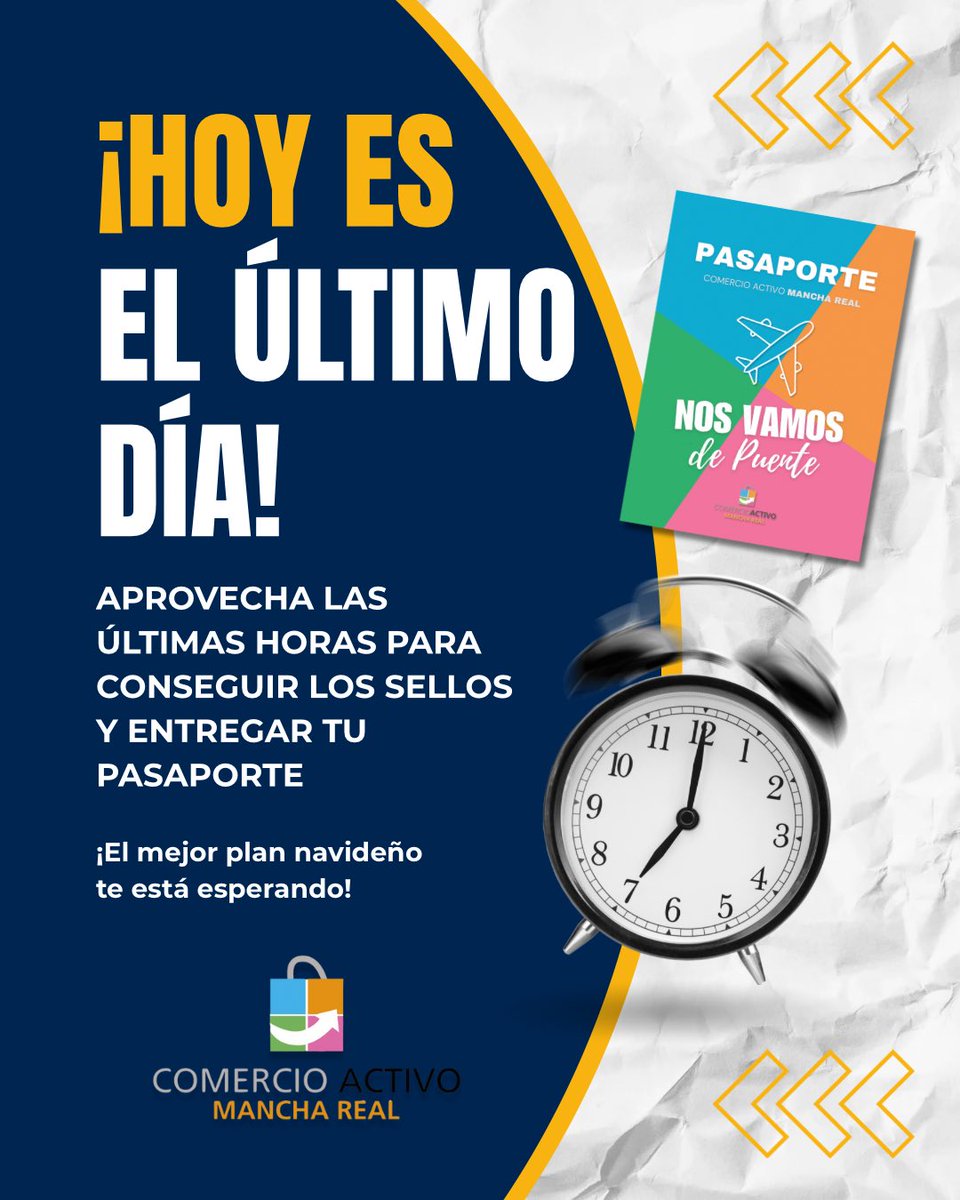 ⏰ ¡Último día para entregar tu pasaporte!
Corre por tus últimos sellos y entra en el sorteo del mejor plan navideño 🎁

💫 Viaje a Londres o Toledo ✨
🔔 Recuerda: 40 sellos + 40 tickets

Tic-tac… el reloj corre 🕒
#ComercioActivo #ManchaReal #Pasaporte2025 #NavidadConIlusión