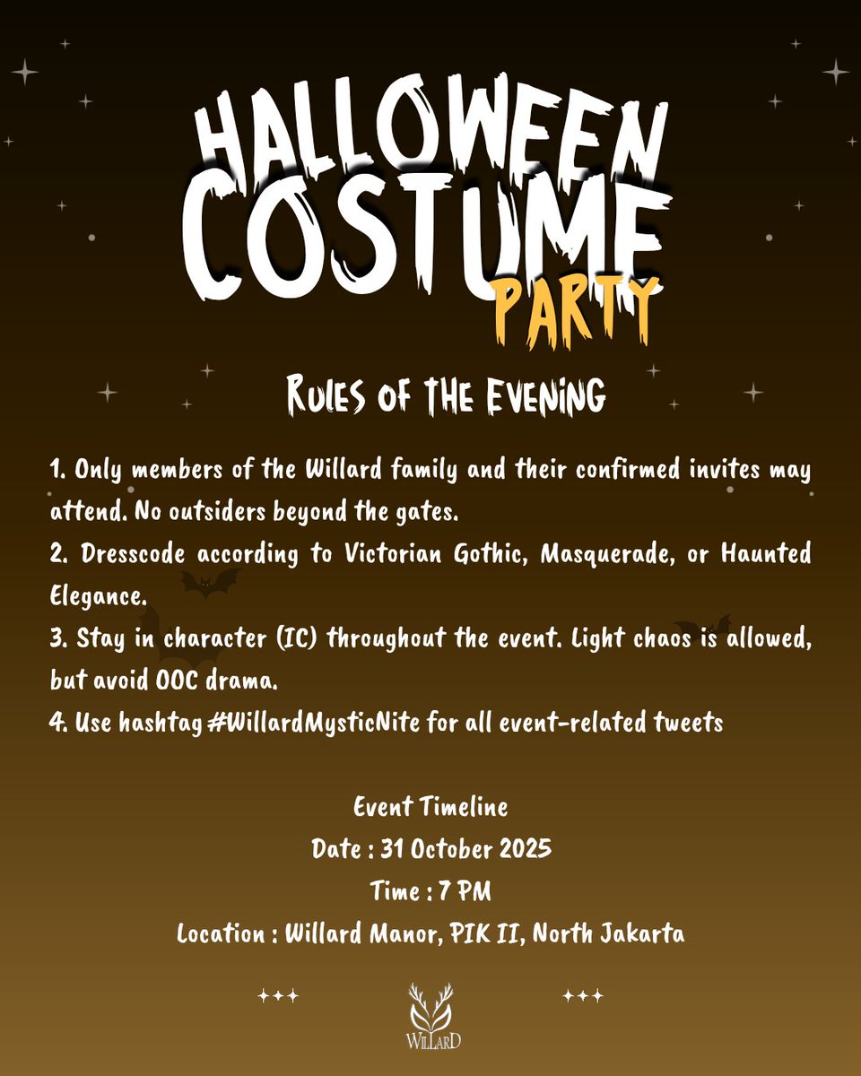 ㅤ
ㅤ
🧛🏻 𝑾𝒊𝒍𝒍𝒂𝒓𝒅 𝑯𝒂𝒍𝒍𝒐𝒘𝒆𝒆𝒏 𝑮𝒂𝒍𝒂 🧛🏻‍♀️

The Willard Manor opens tonight. Masks on, secrets kept — only the Willards may enter.

🕰️ 31 October 2025
📍 Willard Manor, PIK II, North Jakarta
#WillardMysticNite
ㅤ
ㅤ