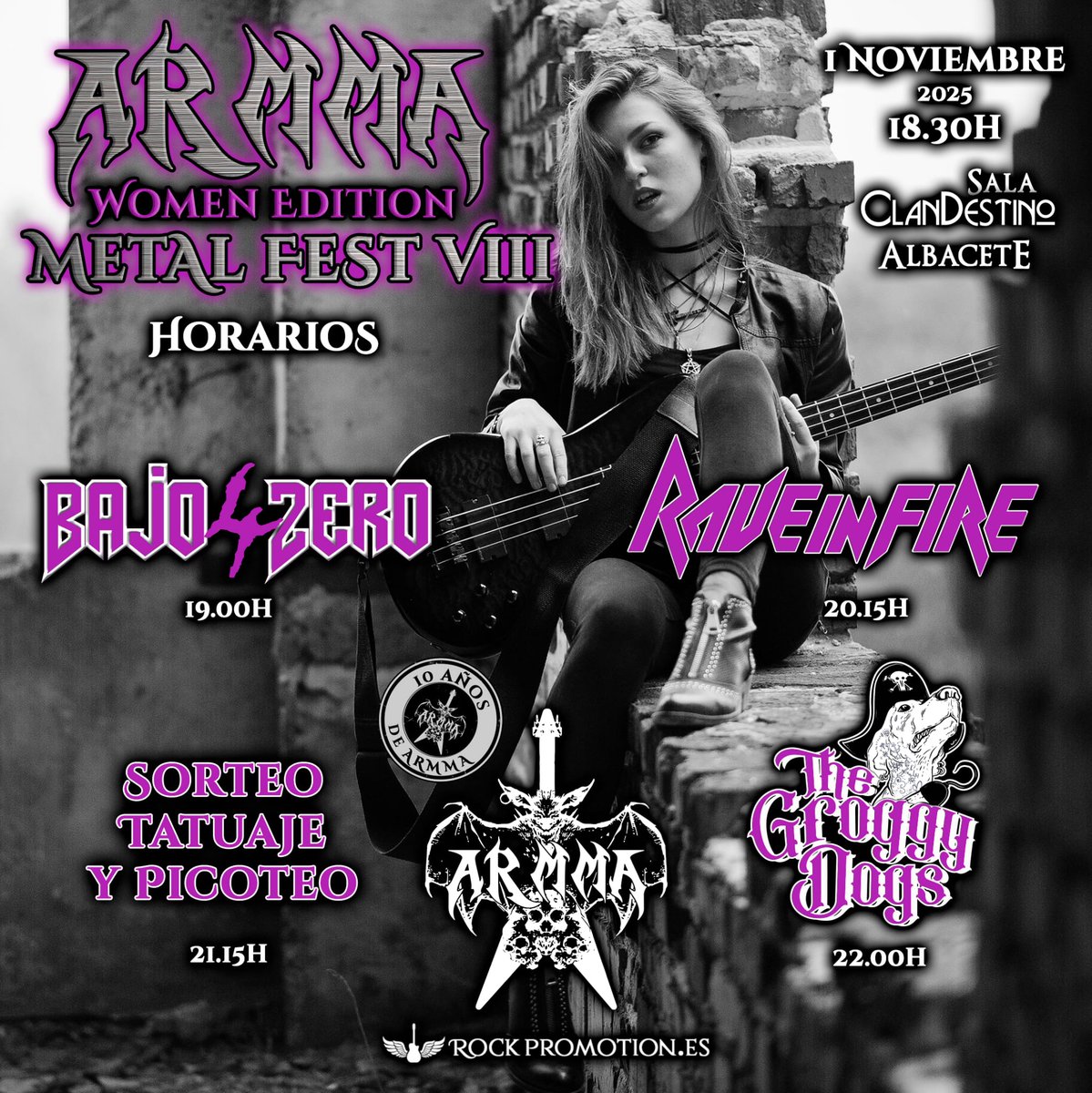 📣 El próximo día 1️⃣ de noviembre a las 18:30 horas en la Sala Clandestino de #Albacete, tienes el ARMMA Metal Fest VIII Women Edition! ¡No te lo pierdas!, En la Sala Clandestino de #Albacete.

La recaudación irá destinada a los fines de @afaeps. Gracias  🤝 a la organización.