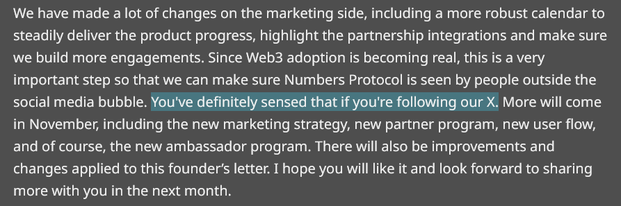 numbersprotocol's tweet photo. Intern won’t summarize the founders’ & co-founder’s letter on X, it's pretty wholesome by itself.
Buutt anyway, she mentioned how our X is different now since intern started posting.
Time to ask for pay raise? https://t.co/bBmis7t2zn