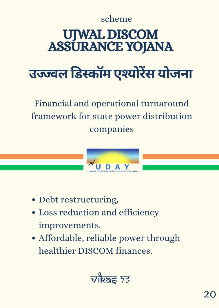 SujeetKOfficial's tweet image. #KnowYourScheme

#Ujwal DISCOM Assurance Yojana provides for the financial turnaround and revival of Power Distribution companies (DISCOMs). It ensures Debt restructuring, 
Loss reduction and efficiency and helps in improving affordable and reliable power through healthier DISCOM…