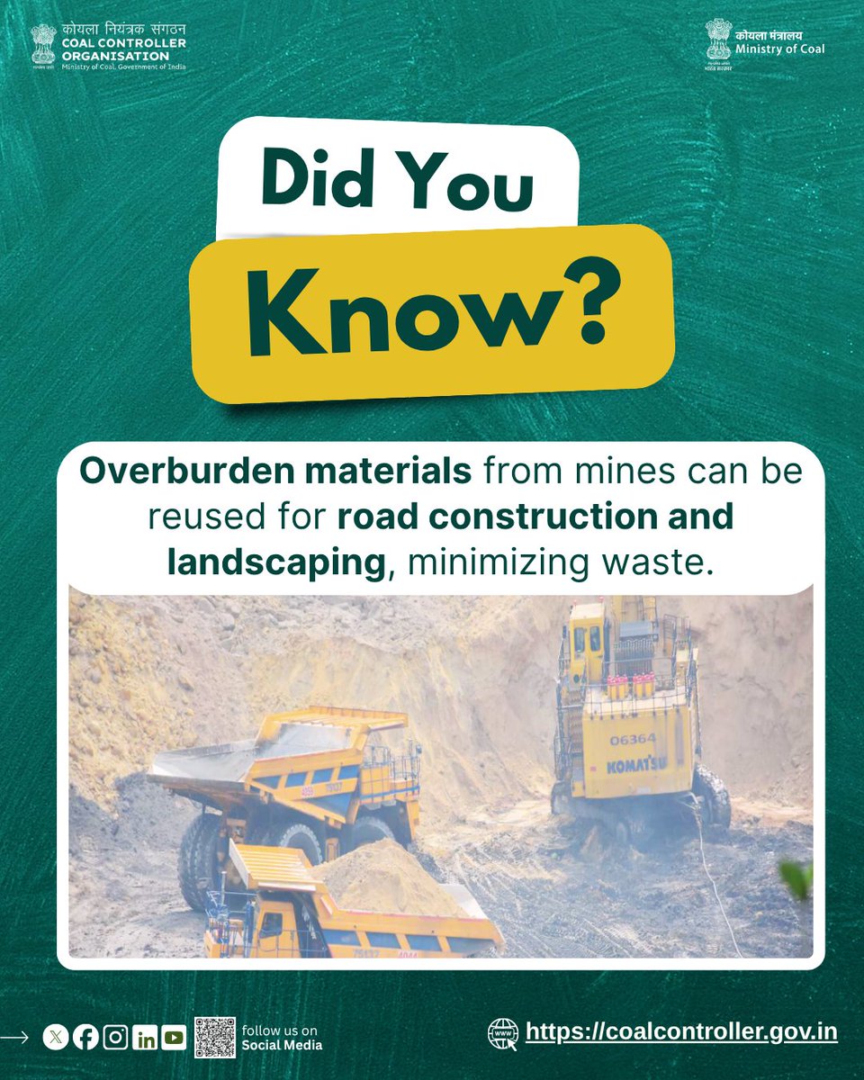CCO_MoC's tweet image. Did you know?
Materials excavated from mines, like overburden and topsoil, are reused for roads, embankments, and landscaping  turning waste into value.
#CCO #WasteToWealth #ResourceEfficiency #CircularMining #EcoInnovation