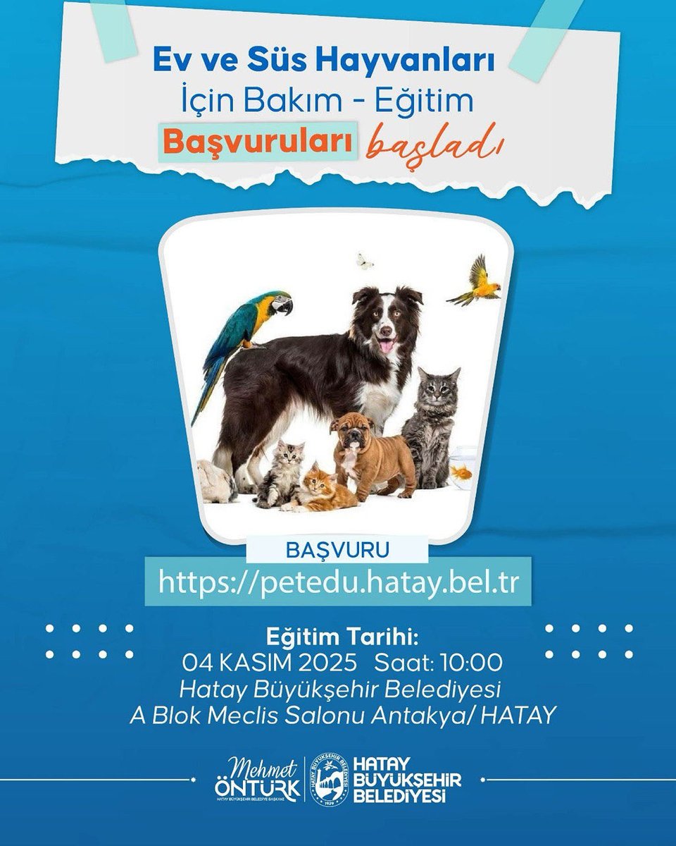 Ev ve süs hayvanları için bakım eğitimi başvurularımız başladı.

Eğitime katılmak isteyenler 🔗 petedu.hatay.bel.tr
 adresinden başvuru yapabilir.

📅 Eğitim Tarihi: 04 Kasım 2025 Salı
📎 Başvuru sırasında nüfus cüzdanı fotokopisi gereklidir.