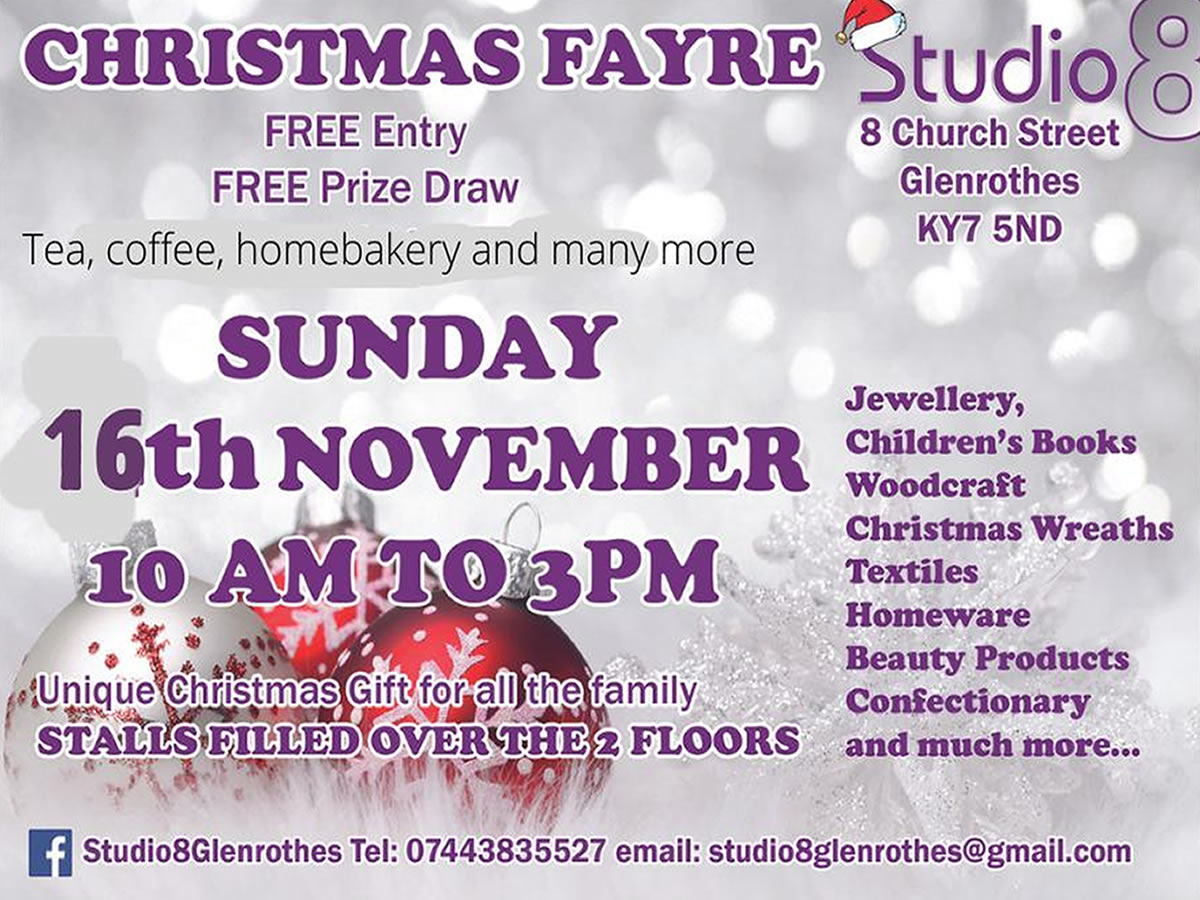 Join us at Studio8 for this year's Christmas Fayre with over 45 stalls displaying unique and special crafts, gifts and many other gift ideas for Christmas and also Santa's Grotto! whatsonfife.co.uk/event/082766-s…