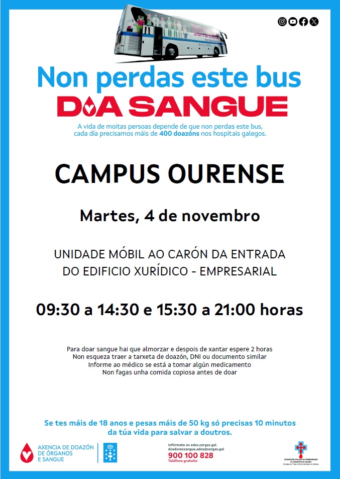 🩸 O 4/11 chega ao Campus de Ourense o bus do Día da Sangue!
📍 Xunto ao edificio xurídico-empresarial
🕘 09:30-14:30 | 15:30-21:00
Salva vidas en 10 minutos!
#DoaSangue #CampusOurense #Solidariedade 💉🚌⚖️
