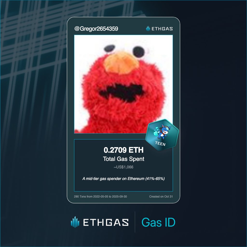 Discovered my Gas ID via ETHGas - turning my gas spend into rewards 🫘

As a Teen Jack, I've spent 0.2709 ETH on gas but earned 120 Beans back.

Get your Gas ID and Beans here: ethgas.com/community/gas-…