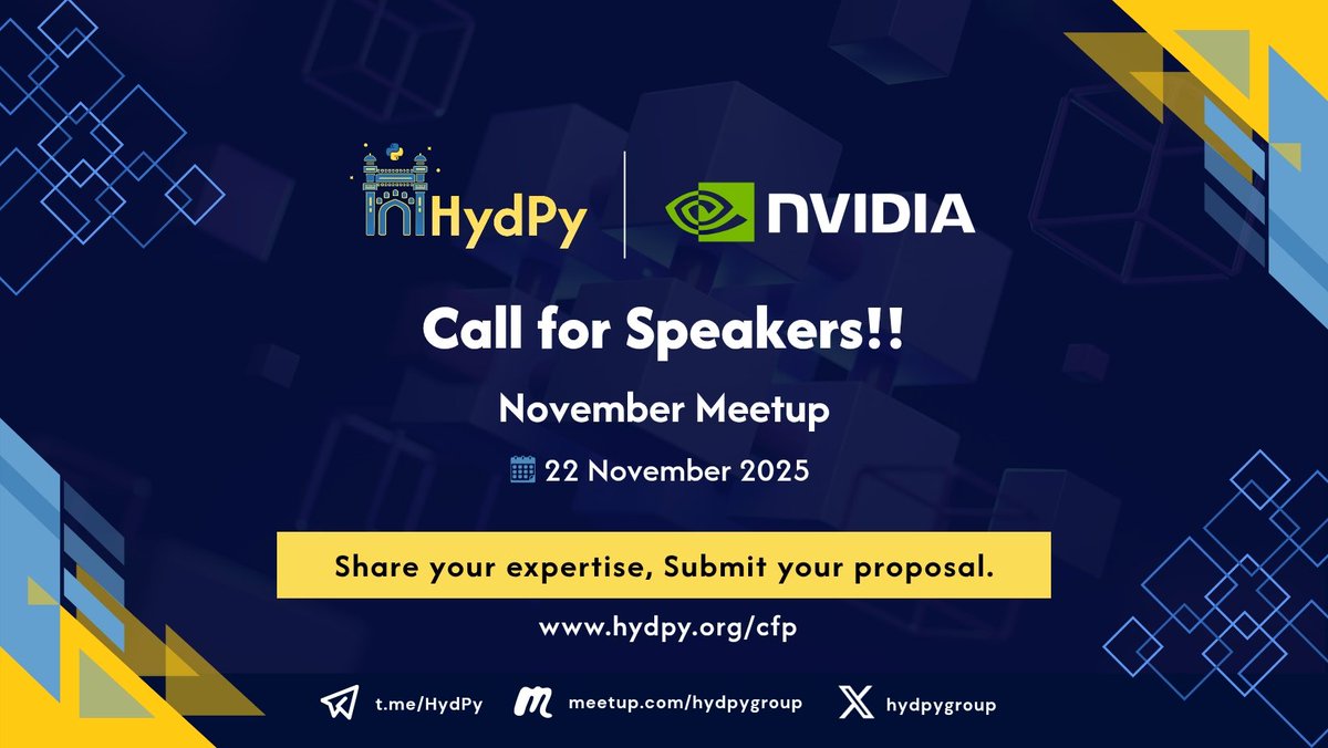 hydPython's tweet image. 🎉 Exciting News! The CFP is now open for the #HydPy November Meetup, happening in collaboration with @nvidia.
Got a talk idea to share with the community? Submit your proposal today 👉 hydpy.org/cfp
You can also RSVP now to save your spot 👉 tinyurl.com/HydPy-Nov-Meet…