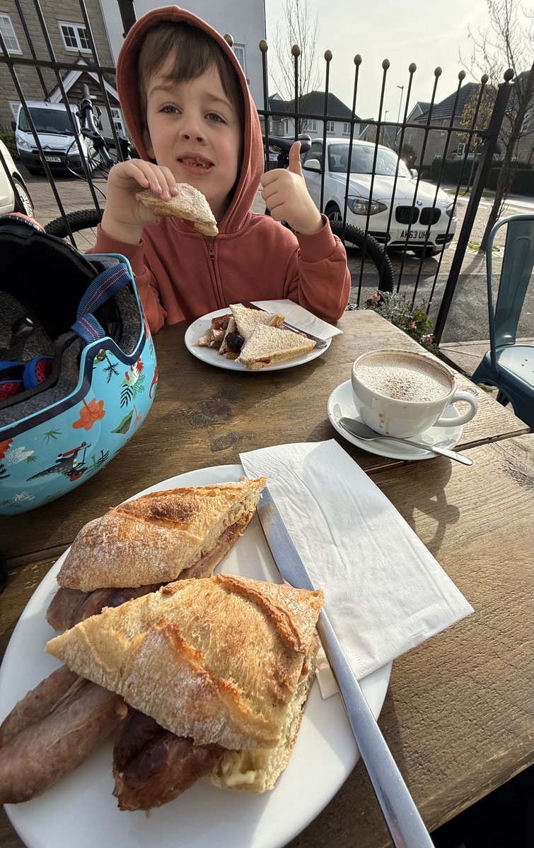 Cafe ride with Grandson yesterday. 5 miles is a long way for 5 year old legs, so he earned his sausage butty.