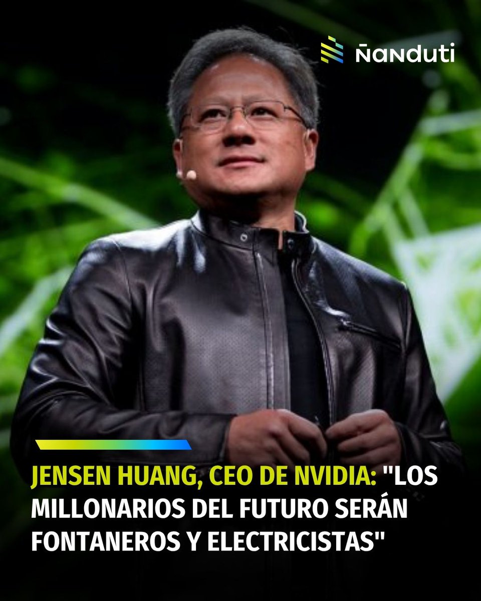 ⚡️ Jensen Huang, CEO de Nvidia: "Los millonarios del futuro serán fontaneros y electricistas"

🧐 El argumento de Jensen Huang, CEO de NVIDIA, desmantela la idea de que la inteligencia artificial será la causa última de desaparición de los trabajos pesados: el futuro digital,