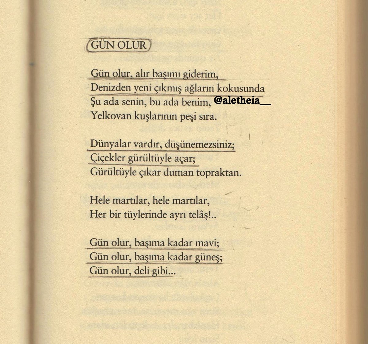 Gün olur, alır başımı giderim, 

Gün olur, başıma kadar mavi; 

Gün olur, deli gibi... 

orhan veli
