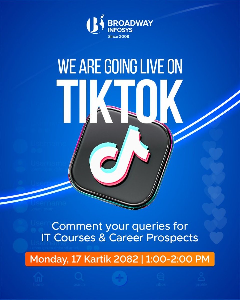 broadwayinfosys's tweet image. We’re Going LIVE on TikTok!
Mark the Date: 3rd November
Time: 1:00 PM – 2:00 PM

Got questions about IT courses or career opportunities? Comment them below, and we’ll answer them LIVE!
Here is our TikTok ID: buff.ly/E2XwEJS

#BroadwayInfosys #TikTokLive #ITCourses
