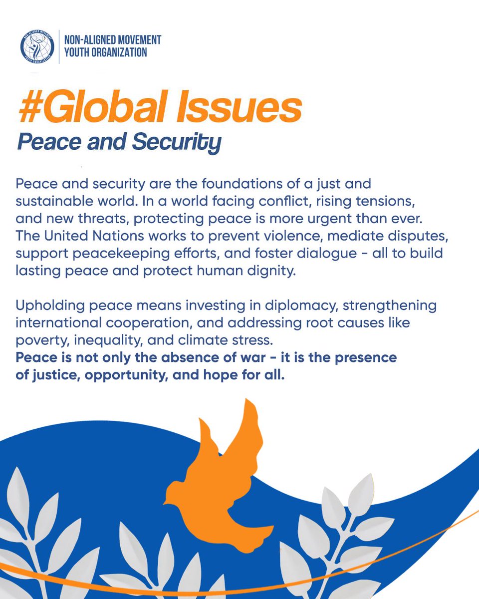 namyouthorg's tweet image. #Peace and #security form the conrnerstone of a sustainable and inclusive world. In this edition of our #GlobalIssues series, we highlight how nurturing peace supports human dignity, development, and shared progress for all!