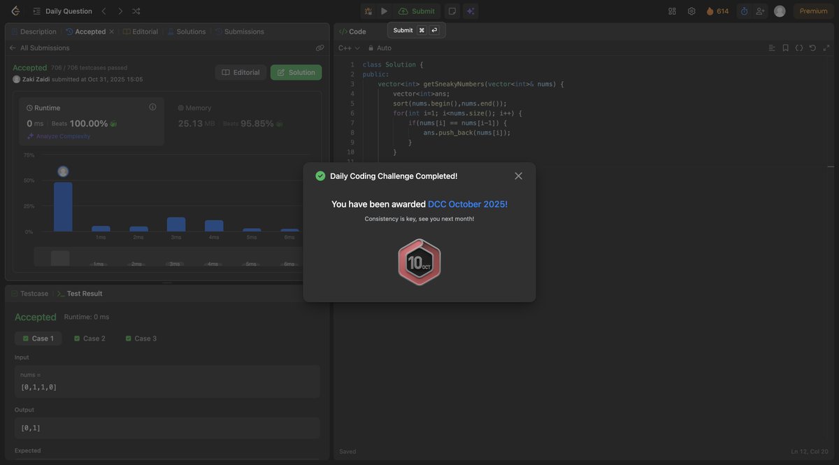 zakizaidi55's tweet image. Consistency continues! 🚀
Completed the LeetCode Daily Coding Challenge – October 2025 and earned the DCC badge
Learning, improving, and building one problem at a time 
Here’s to November
#LeetCode #CodingChallenge #100DaysOfCode #DevJourney