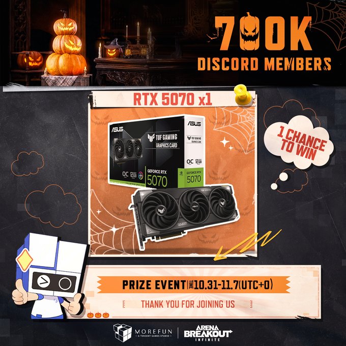 Halloween-themed graphic with pumpkins spider webs and ghosts features an ASUS ROG Strix RTX 5070 graphics card in orange packaging on a black background Text overlays announce a prize event for one chance to win from October 31 to November 7 UTC0 thanking the Arena Breakout Infinite community Discord logo and 700k members milestone are highlighted MoreFun Studios branding appears at the bottom