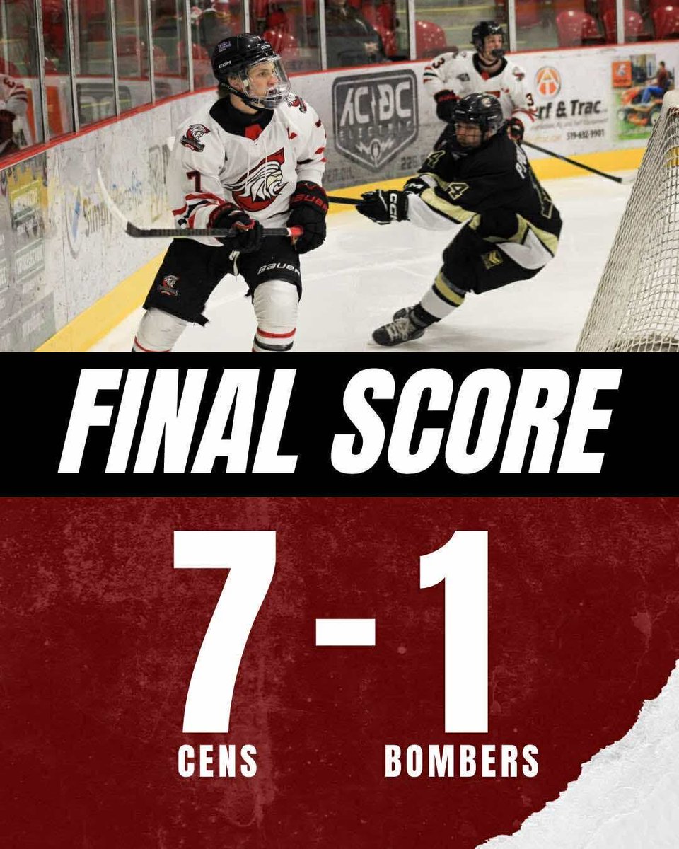 Final in Ayr Last night !! 

The <a href="/AyrCentennials/">Ayr Centennials</a> are back in the win column after their win over the Bombers on home ice .

This win puts the Cens in 6th place ,just one point a head of Port Colborne .

Keep it going CENS ! 

<a href="/GOHLHockey/">Greater Ontario Hockey League</a> <a href="/519sportsonline/">519 Sports Online</a>