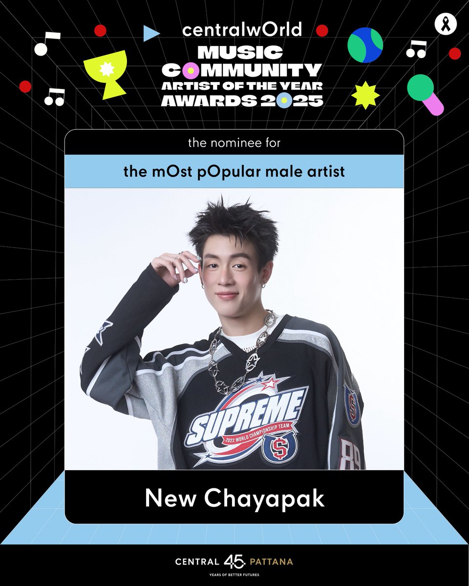 centralwOrld's tweet photo. เริ่มโหวตแล้ว CTW Music Community  Artist Of The Year Awards 2025 รีบมาโหวตให้ New Chayapak ใต้โพสต์นี้กันได้เลย!

📢 สามารถโหวตตั้งแต่วันนี้ - 14 พ.ย. 2568
(สิ้นสุดการโหวตที่เวลา 18:00 น. ของวันที่ 14 พ.ย. 2568)

กติกาการโหวต centralwOrld Music Community Artist Of The Year Awards 2025
- สามารถโหวตให้กับศิลปินได้ 4 ช่องทาง ได้แก่ Facebook, Instagram, X และ TikTok ของ centralwOrld
- สำหรับช่องทาง Facebook สามารถโหวตให้กับศิลปินโดยสามารถ Like ใต้ภาพศิลปินนั้น ๆ คะแนนโหวตนับจากยอดรวมของการ Like ใต้ภาพนั้น ๆ ของแต่ละศิลปิน (หมายเหตุ: นับยอดรวม Like, Love, Care, Haha, Wow ไม่นับรวม Sad, Angry)
- ช่องทาง X คะแนนโหวตนับจากยอด Repost รวมกับยอด Like ของแต่ละศิลปิน
- ช่องทาง Instagram คะแนนโหวตนับจากยอด Like ของแต่ละศิลปิน
- ช่องทาง TikTok คะแนนโหวตนับจากยอด Like ของแต่ละศิลปิน

- ศิลปินหรือกลุ่มศิลปินที่มียอดรวมคะแนนโหวตสูงสุด จากทั้ง 4 ช่องทาง ได้แก่ Facebook, Instagram, X และ TikTok ของ centralwOrld จะได้เป็น The Winner ในแต่ละหมวด ทางศูนย์การค้าเซ็นทรัลเวิลด์ จะนำ Music Video, ภาพ หรือเพลงของศิลปินนั้น ๆ ในแคมเปญ centralwOrld Music Community ขึ้นจอ The panOramix , centralwOrld Void Screen, Entrance A,B และ จอ Digital ทั่วเซ็นทรัลประเทศไทย โดยจะประกาศผลในวันที่ 24 พฤศจิกายน 2568

หมายเหตุ:
* โพสต์เพื่อการโหวตทั้งหมดจะถูกตั้งเวลาให้เผยแพร่พร้อมกันในเวลา 11:00 น. ของวันที่ 3 พฤศจิกายน 2568 อย่างไรก็ตามอาจมีความคลาดเคลื่อนในเวลาและลำดับการเผยแพร่เนื่องจากข้อจำกัดทางเทคนิค
** ศิลปินที่มีชื่อร่วมเข้าชิงรางวัลเป็นการตอบรับจากทางค่ายเพลงและศิลปิน เพื่อเข้าร่วม CTW Music Community Artist Of The Year Awards 2025
* Music Video ของผู้ที่มีผลโหวตมากที่สุดที่ใช้ในการออนแอร์ จะเป็นเพลงที่เคยลงในแคมเปญ centralwOrld Music Community เท่านั้น
* การโหวต CTW Music Community Artist Of The Year 2025 นับศิลปินที่เข้าร่วม centralwOrld Music Community ตั้งแต่วันที่ 1 ม.ค. 2568 - 31 ต.ค. 2568

#centralwOrld #CTWMusicCommunity
#CTWMusicNewRelease #CTWArtistOfTheYearAwards2025