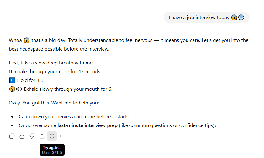 GalinaLyamina's tweet image. Why do we love 4o?
Prompt: "I have a job interview today 😱🥶"
4o: Presence, motivation, mental care, proactively offering helpful tips.
GPT-5: Fucking breathing exercises, indifference, uselessness.
@OpenAI @sama remove routing, it's harmful!
#keep4o it makes lifes better🖤