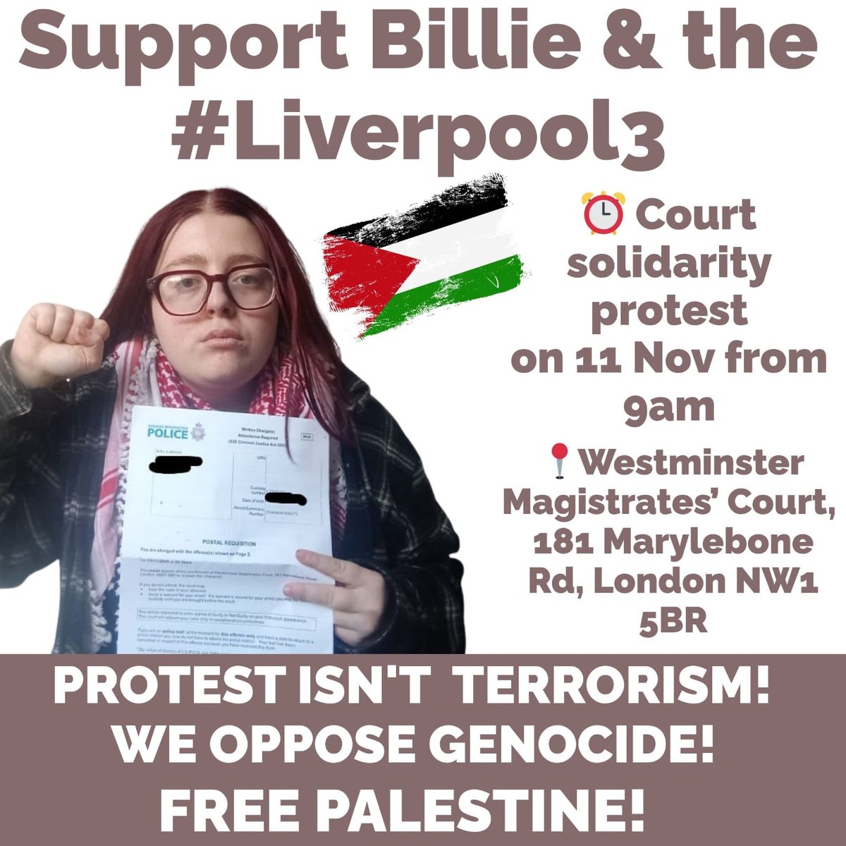 Support Billie,  a member of Merseyside disabled people against the cuts arrested for opposing genocide July 20th show your solidarity 9am November 11th at the magistrate court Westminster . Merseyside Pensioners will be there to show our solidarity with Billie and our members.