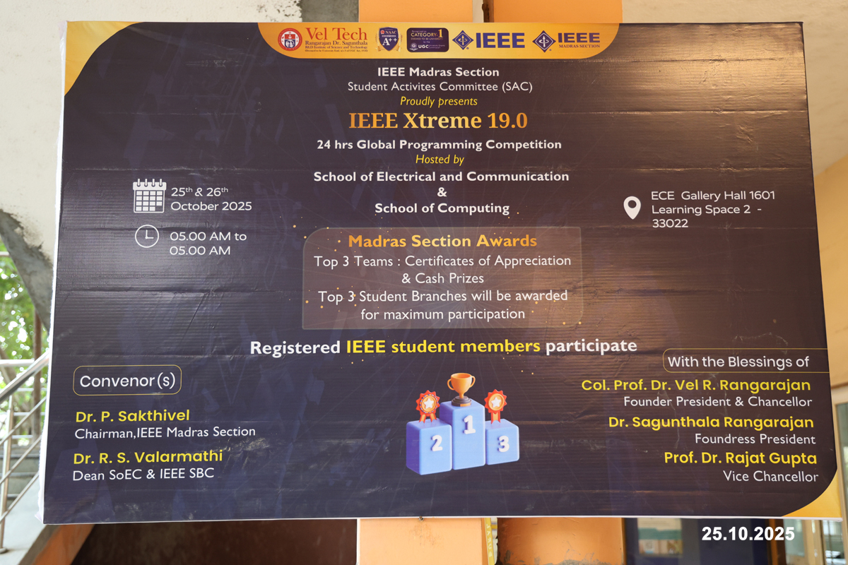 veltechofficial's tweet image. 💻 Code. Compete. Conquer!

IEEE Xtreme 19.0 was successfully hosted at Vel Tech Rangarajan Dr. Sagunthala R&amp;amp;D Institute of Science and Technology, where passionate programmers came together for the ultimate 24-hour coding marathon!

#VelTech #VelTechUniversity